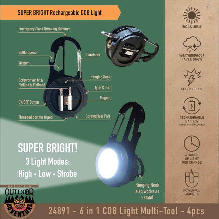 Novelty Closeout - Wholesale Handheld Flashlight - Outdoor Adventures Rechargeable COB Light Clip- 4/Pack