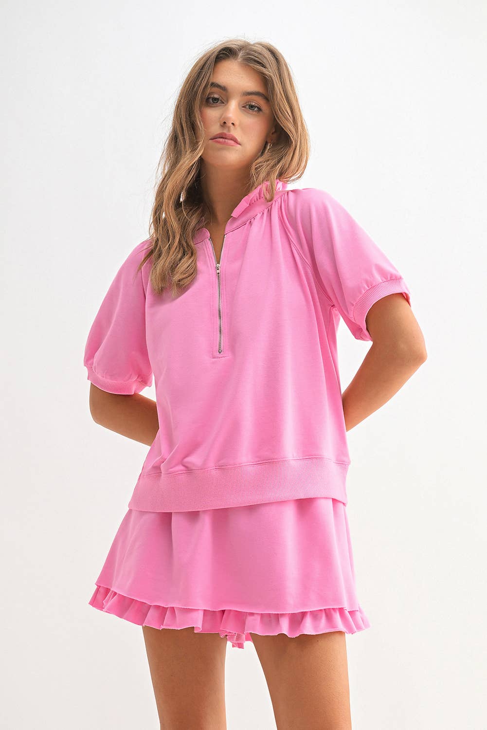 Aapparella - Wholesale Lounge Set - Women's - Pink  Zip Front Puff Sleeve Top & Ruffled Shorts Set | S-XL9