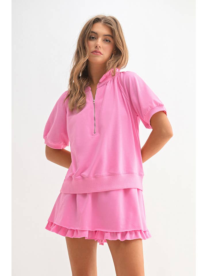 Aapparella - Wholesale Lounge Set - Women's - Pink Zip Front Puff Sleeve Top & Ruffled Shorts Set | S-XL9