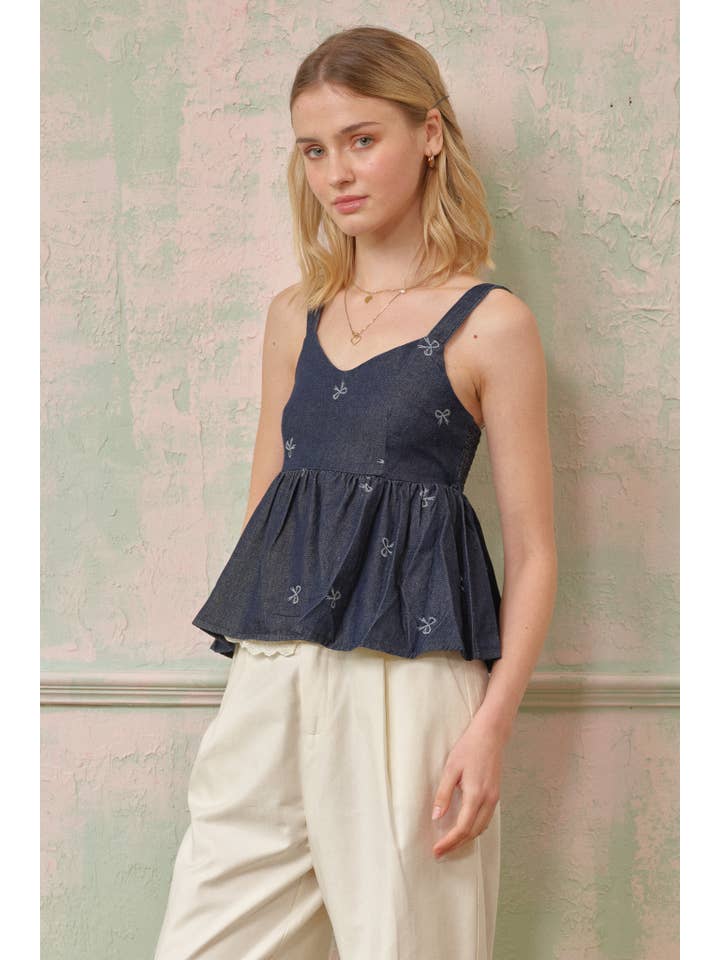 ROSIE POSIE - Wholesale Blouse - Women's - RP2716 - Denim Bow Detail Babydoll Top5