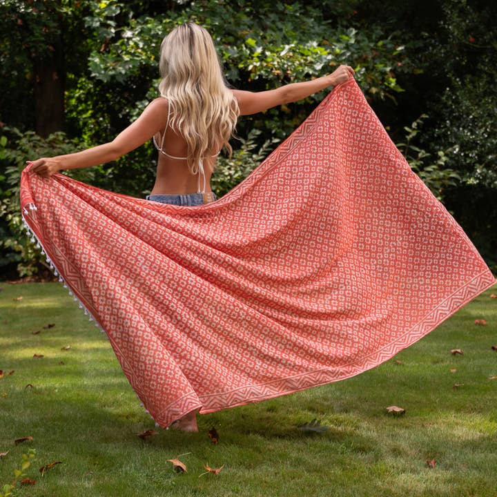 Handcrafted Cotton Sarong - Orange Geometric Floral for wholesale by Anju Jewelry