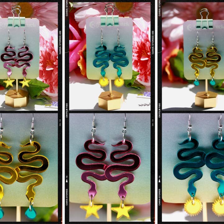 Snake Earrings - Reflective Pink Teal Green Yellow Star Sunburst Tropical Witchy Goth Seapunk Serpent Reptile Festival Rave Sterling Silver for wholesale by Moonstruck Designs PDX