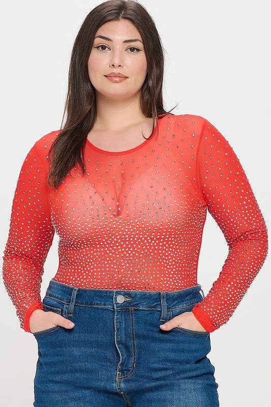 Curve Market - Wholesale Bodysuit - Women's - PLUS SIZE RHINESTONE STUDDED MESH BODYSUIT15