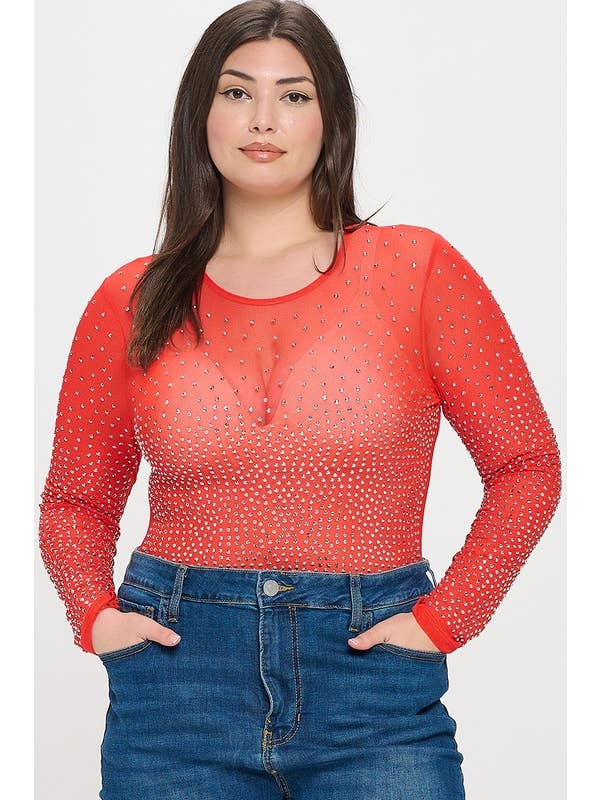 Curve Market - Wholesale Bodysuit - Women's - PLUS SIZE RHINESTONE STUDDED MESH BODYSUIT15