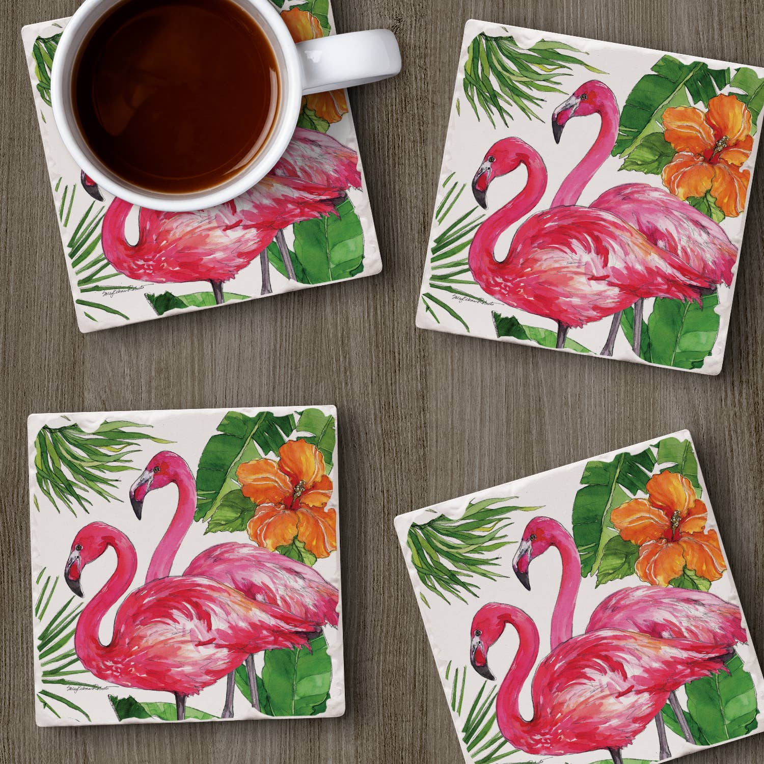 CounterArt/Highland Home/Thirstystone - Wholesale Coasters - Flamingo Tropical Absorbent Tumbled Tile Coaster 4pk3