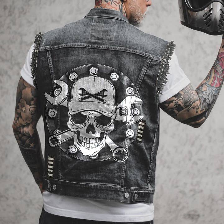 preto/cinza Colete de trabalho casaco sem mangas com estampa jeans para homem para venda a revendedores na Faire