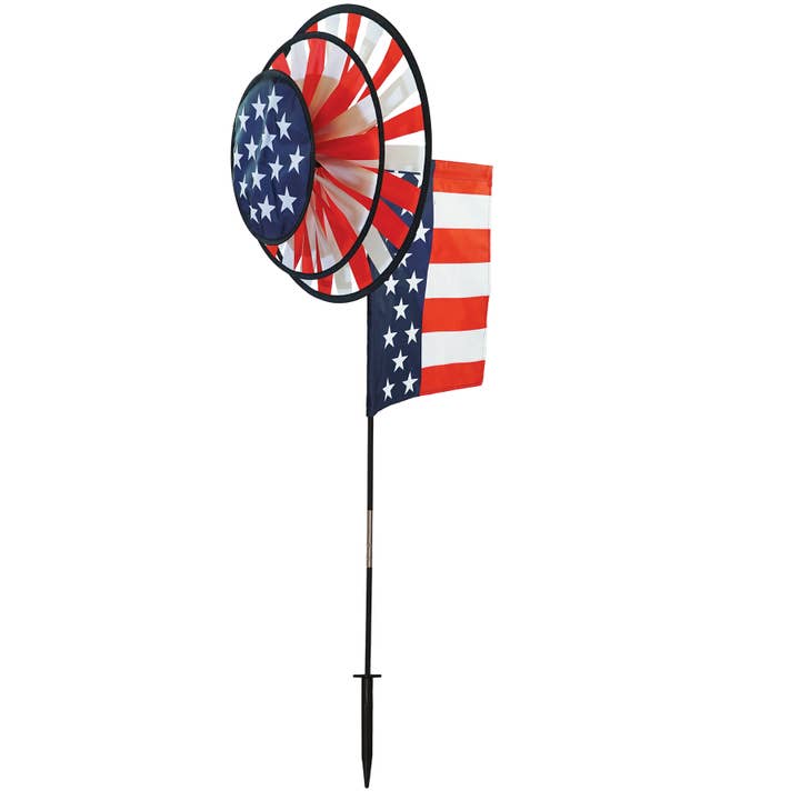 USA Flag Dual Spinner Wheels with Garden Flag for wholesale by In the Breeze, LLC.
