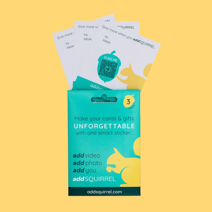 3 pack of addSQUIRREL QR smart stickers add video, photo for wholesale by Jen Winnett Eco Artist