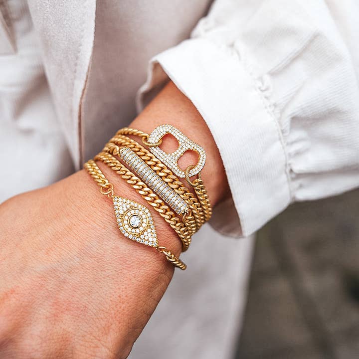 Loni Paul Jewelry – Großhandel Glieder- & Kettenarmband – Doppelwandiges Pave Can Tab-Armband aus Mattgold