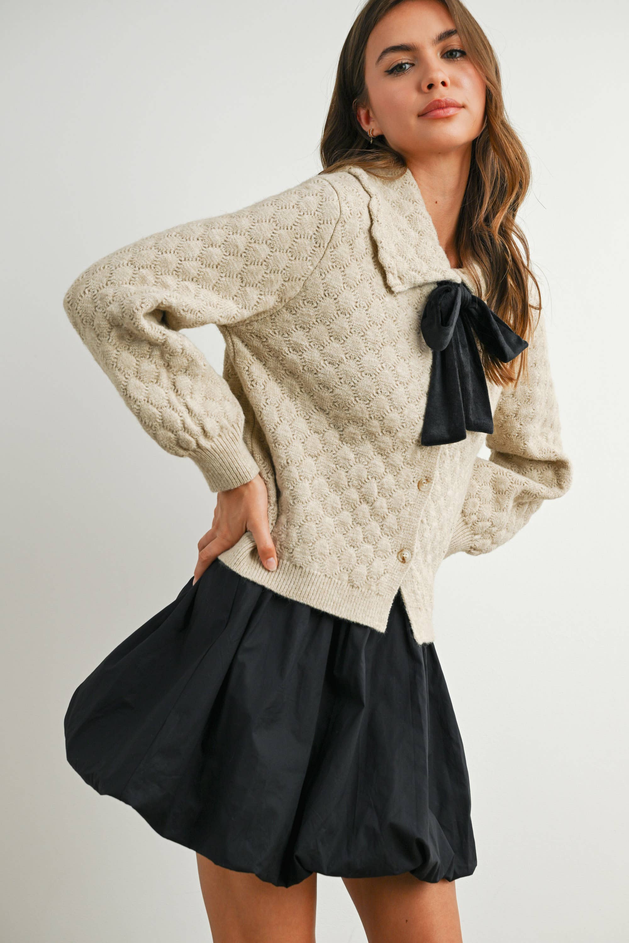 BUTTERMELON - Wholesale Cardigan - Women's - Button-Up Bow Front Collared Long Sleeve Top - BMC777629