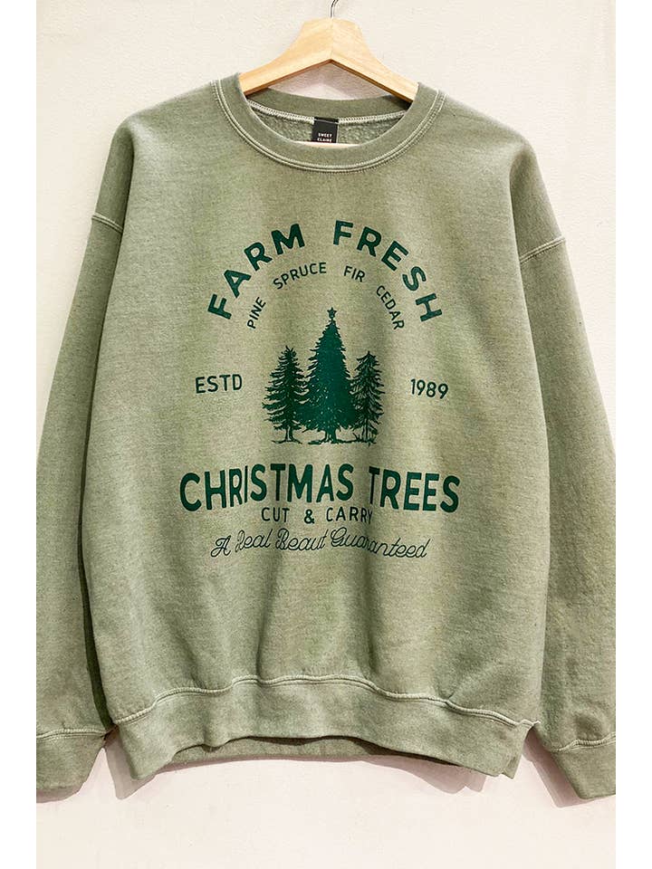 OLIVE Farm Fresh Christmas Trees Sweatshirt for wholesale on Faire
