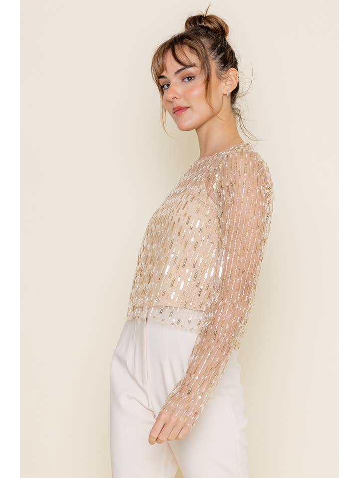 CHIC GOLD INTRICATE BEADED MESH LONG SLEEVE TOP-TI5688FO for wholesale on Faire