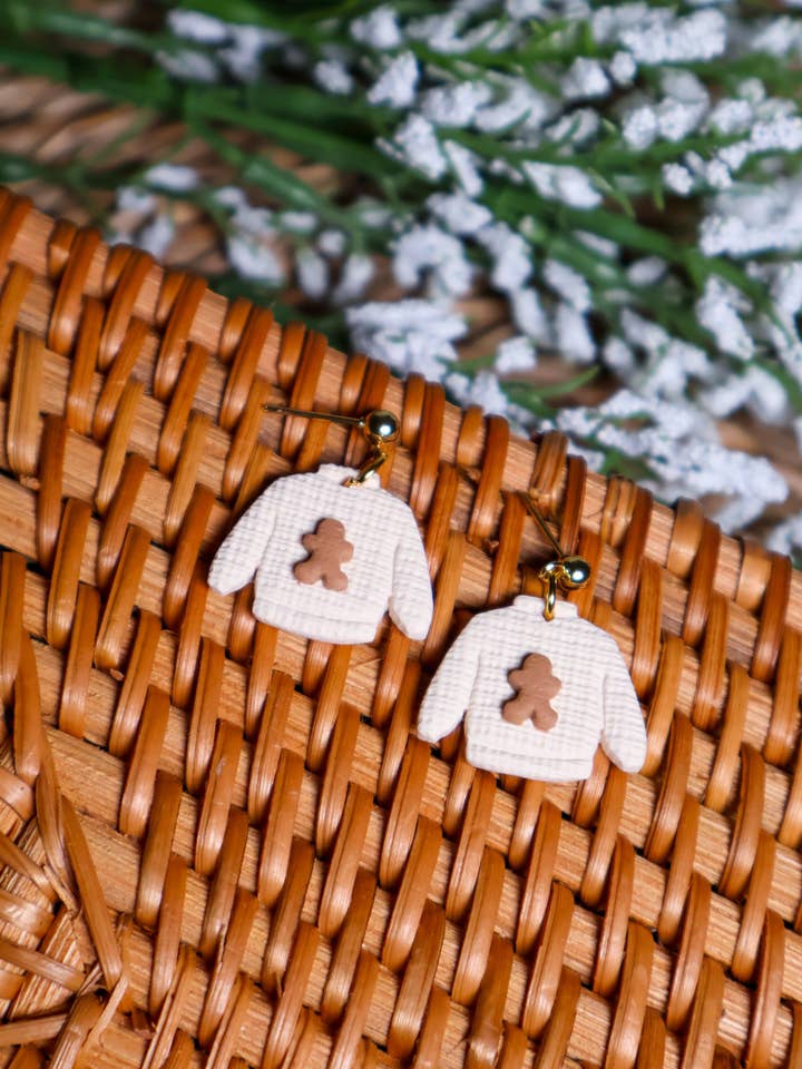 Gingerbread Sweater Earrings for wholesale by Ivy Lane Clay Co.