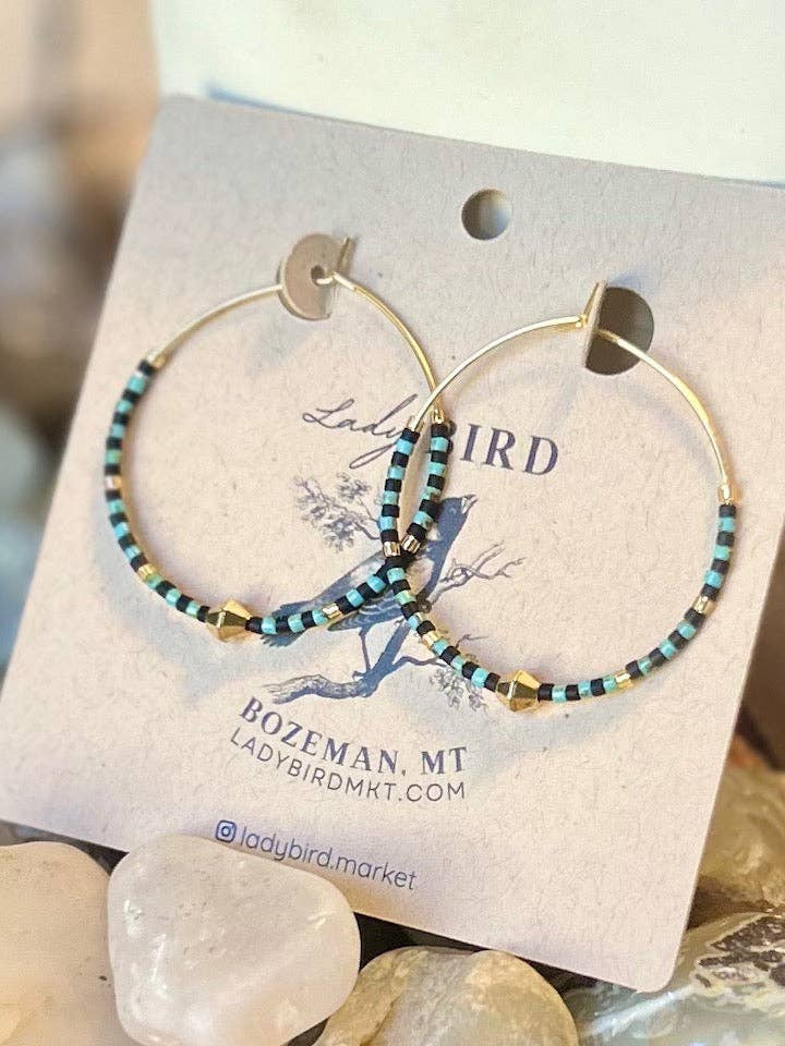 Turquoise & Black Polka Dot Boho Seed Bead Hoop Earrings in Gold for wholesale by Lady Bird Market
