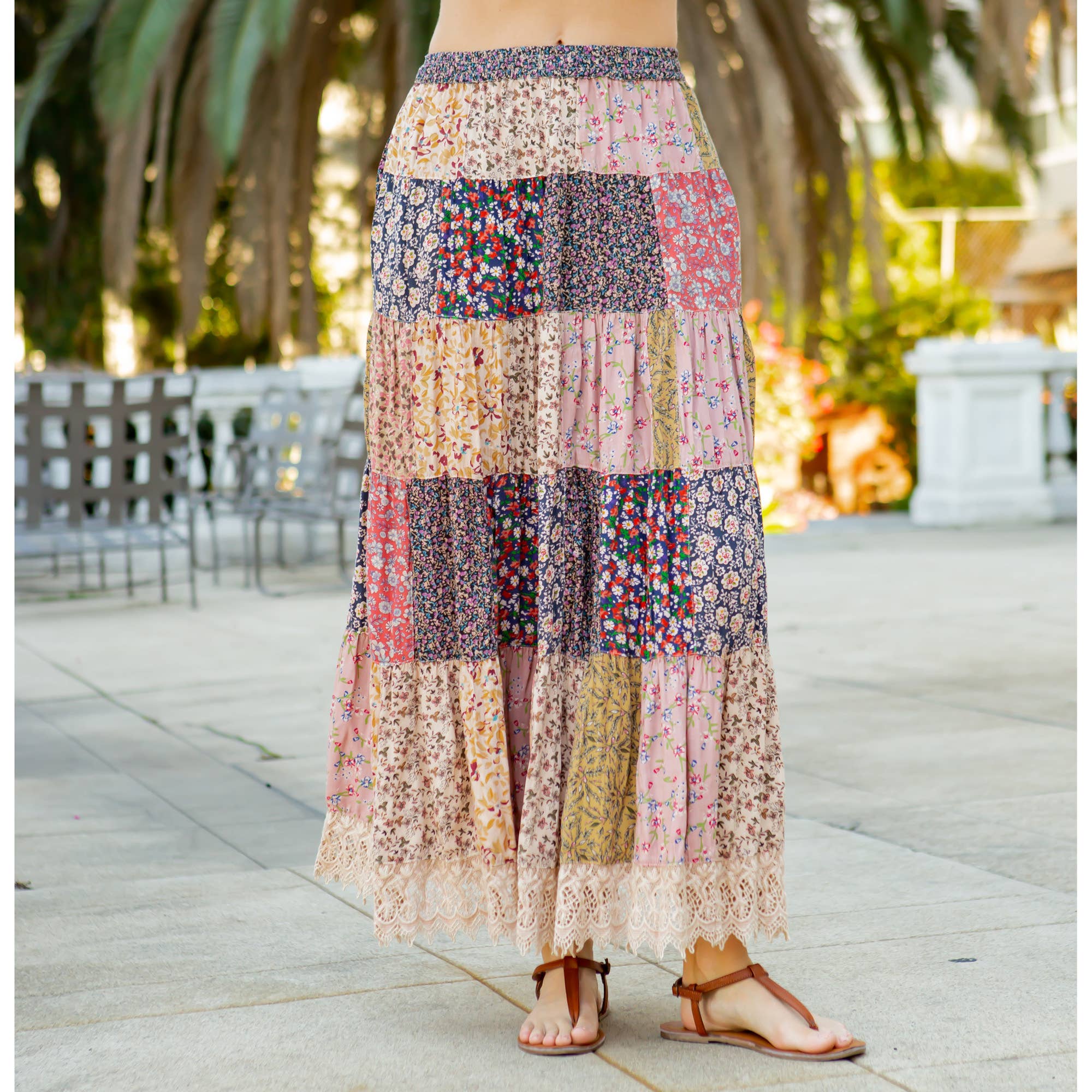 Young Threads - Wholesale Skirt - Women's - Artisan Boho Mixed Print Tiered Patchwork Maxi Skirt (NEW)2