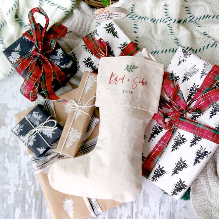 The Cotton & Canvas Co. - Wholesale Holiday Stocking - Personalized Couple Names and Year Christmas Stocking