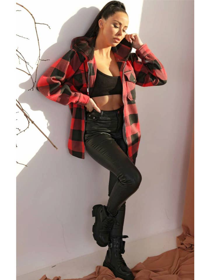 Femme Luxe - Wholesale Shirt Jacket/Shacket - Women's - Red & Black Oversized Yarn Dyed Check Pocket Detail Zip Up Hooded Shacket - Adeline