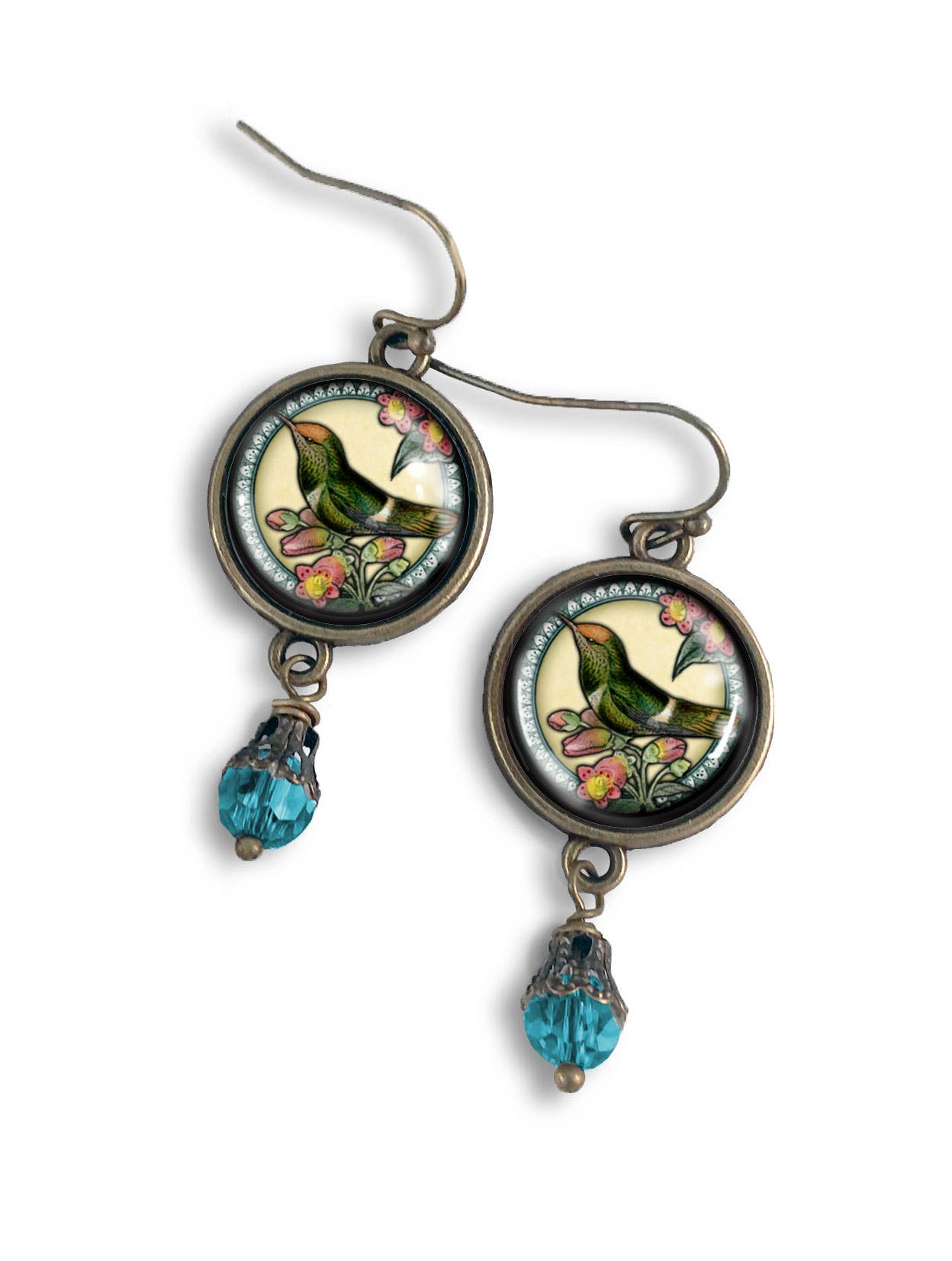 The Divine Iguana - Vente Boucles d'oreilles pendantes - Boucles d'oreilles cabochon en verre d'inspiration vintage colibri3