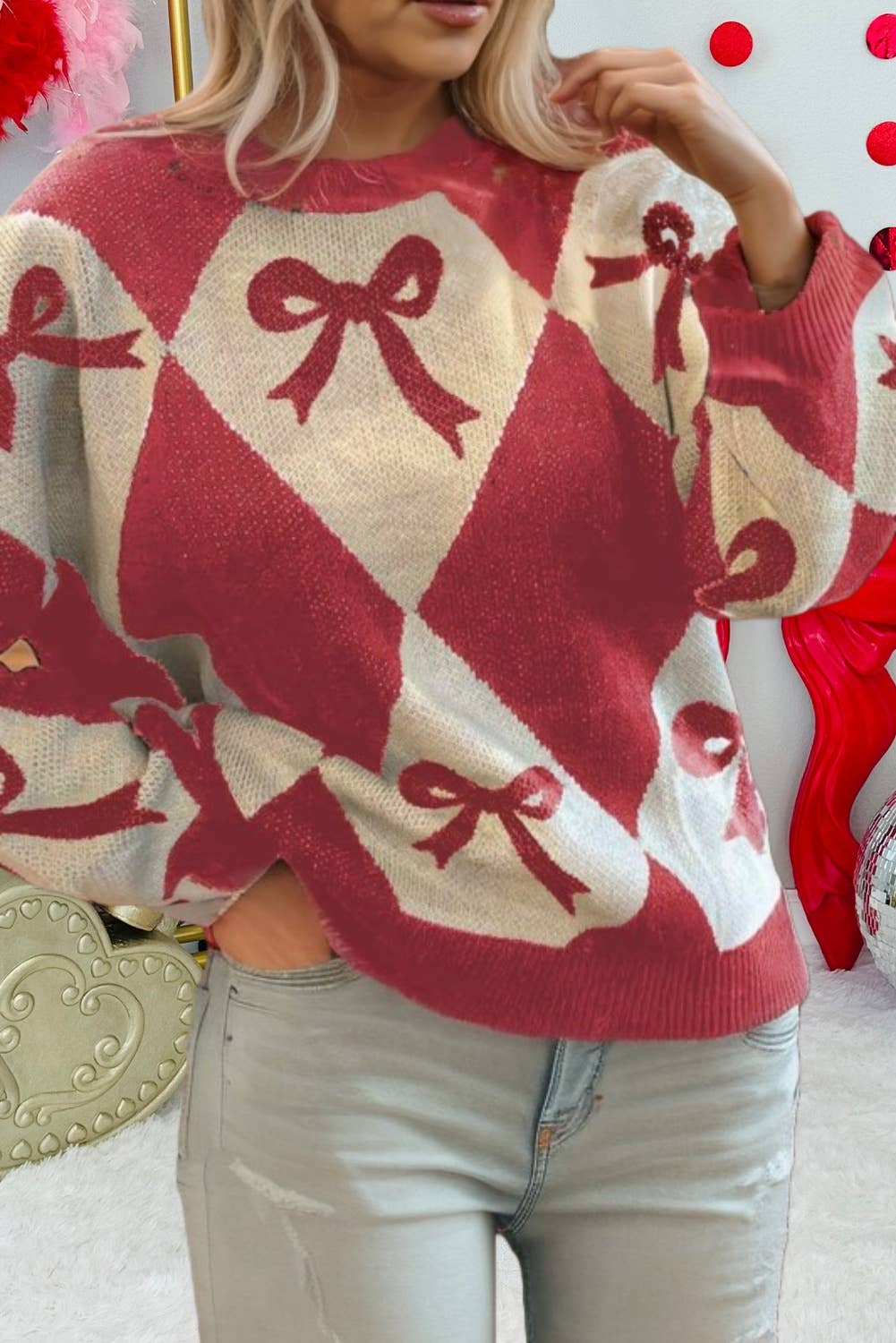 66DISCO - Wholesale Knit Sweater - Women's - Valentine Bow Print 2-tone Rhombus Knit Loose Sweater (S-XL)2