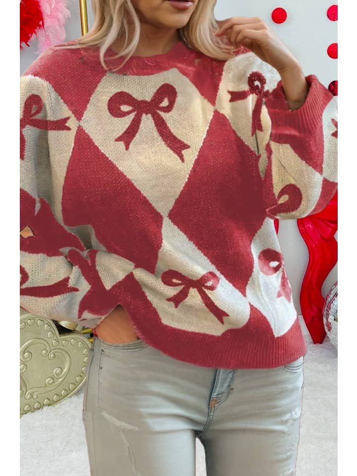 66DISCO - Wholesale Knit Sweater - Women's - Valentine Bow Print 2-tone Rhombus Knit Loose Sweater (S-XL)2