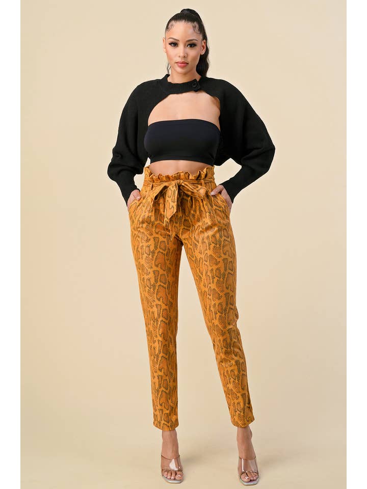 The Sang – wholesale Pants – Women's – SP4870-2 - SNAKE SKIN SLIM FIT PAPER BAG PANTS WITH TIE BELT5