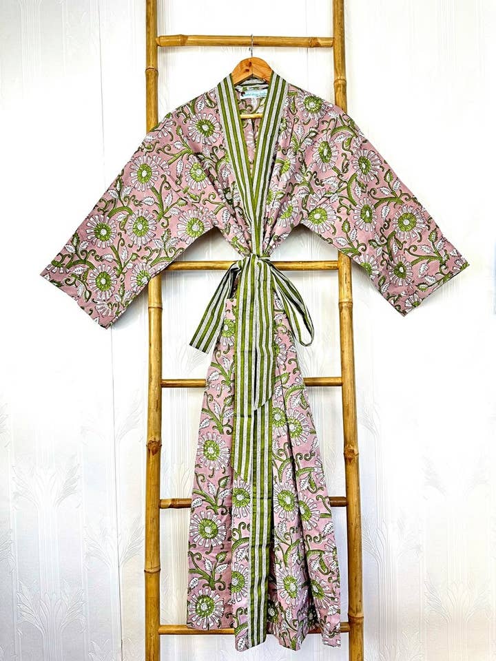 Essential Designs London - Vendita all'ingrosso Kimono - Donna - Vestaglia estiva in puro cotone con stampa indiana a blocchi, con stampa a blocchi, motivo floreale, copricostume da spiaggia, comodo, blu, rosa, verde, Gardenia Blossom Summer Dream