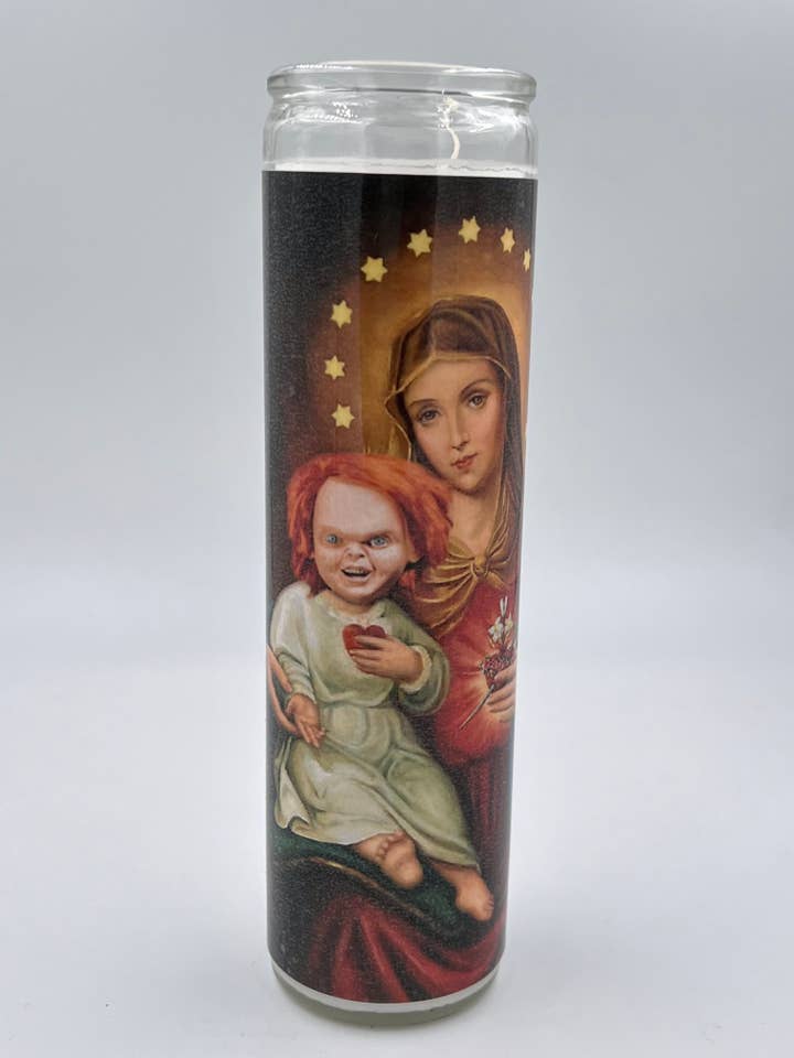 Chucky Child's Play Horror Celebrity Prayer Candle for wholesale by Rustbelt Cooperative