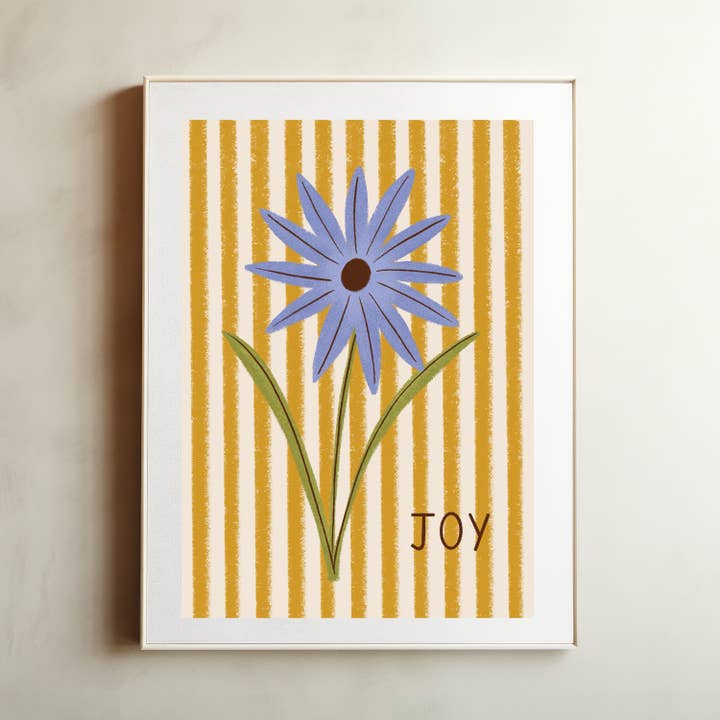 Joy retro vintage floral stripe yellow wall art for wholesale by Amanda Clarke Illustration