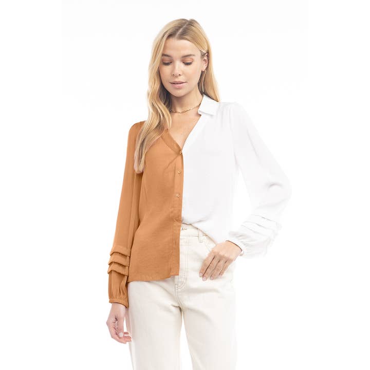 Dual Color Button Front Collared Blouse for wholesale by Naked Zebra Rack