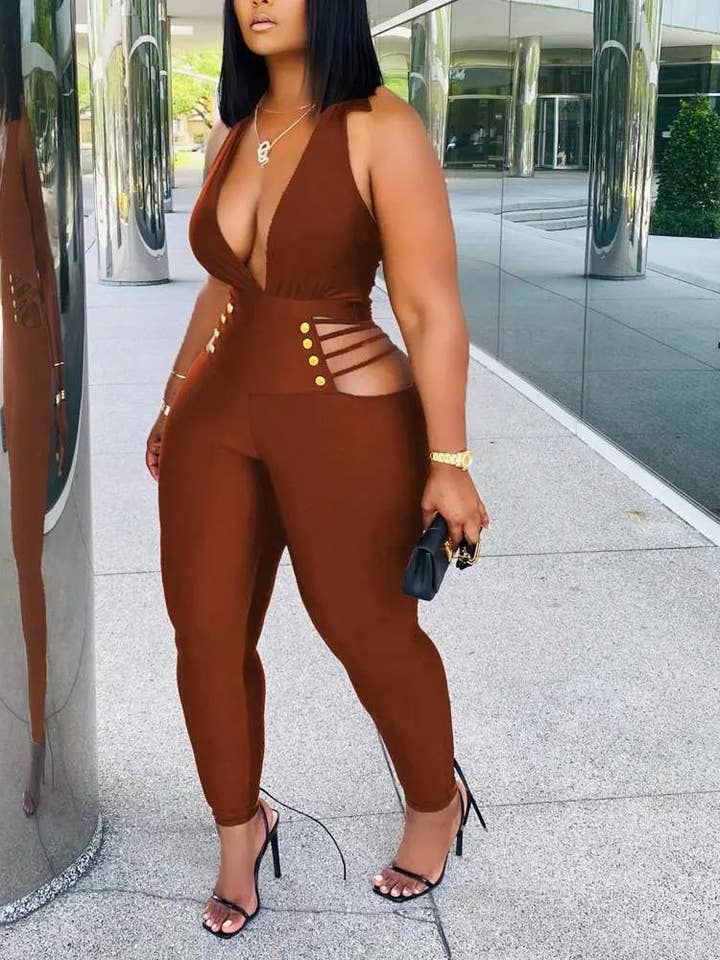 Fashion Combination - Wholesale Jumpsuit - Women's - plunging halter backless cutout skinny jumpsuit9