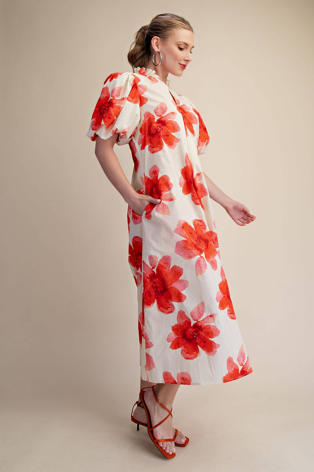 Glam - Wholesale Dress - Women's - Ruffle V-Neck Puff Sleeve Waist Pleated Midi Dress8