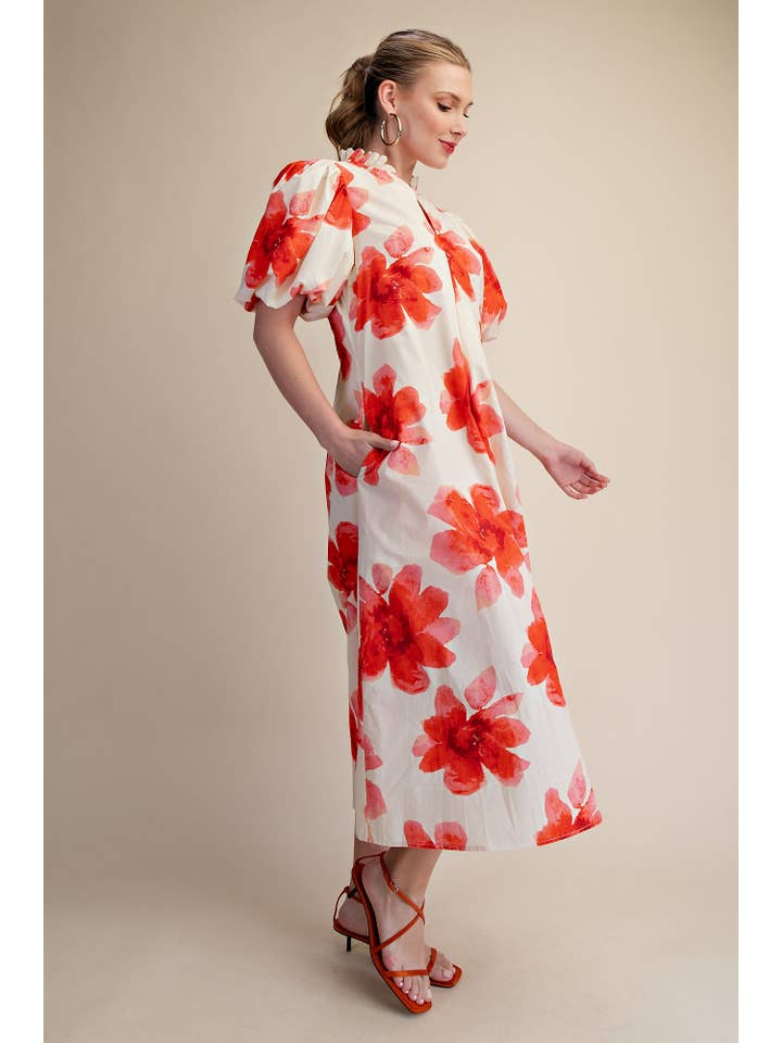 Glam - Wholesale Dress - Women's - Ruffle V-Neck Puff Sleeve Waist Pleated Midi Dress8