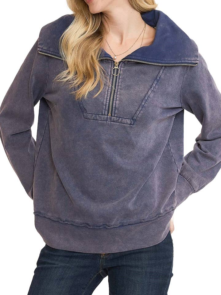 Mineral Washed Half Zip Up Top for wholesale by Vanilla Monkey
