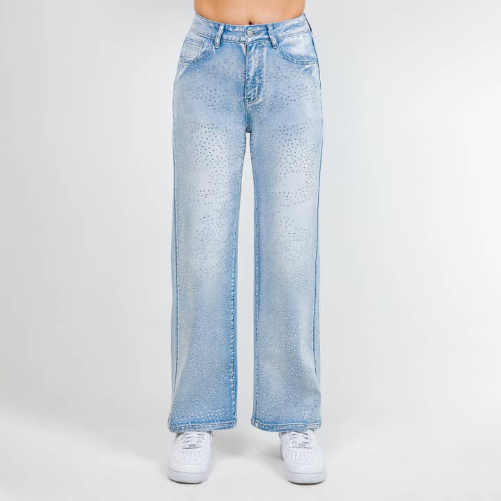 PLUS SIZE RHINESTONE TRIM WIDE LEG JEANS-RJH21203P for wholesale by American Bazi
