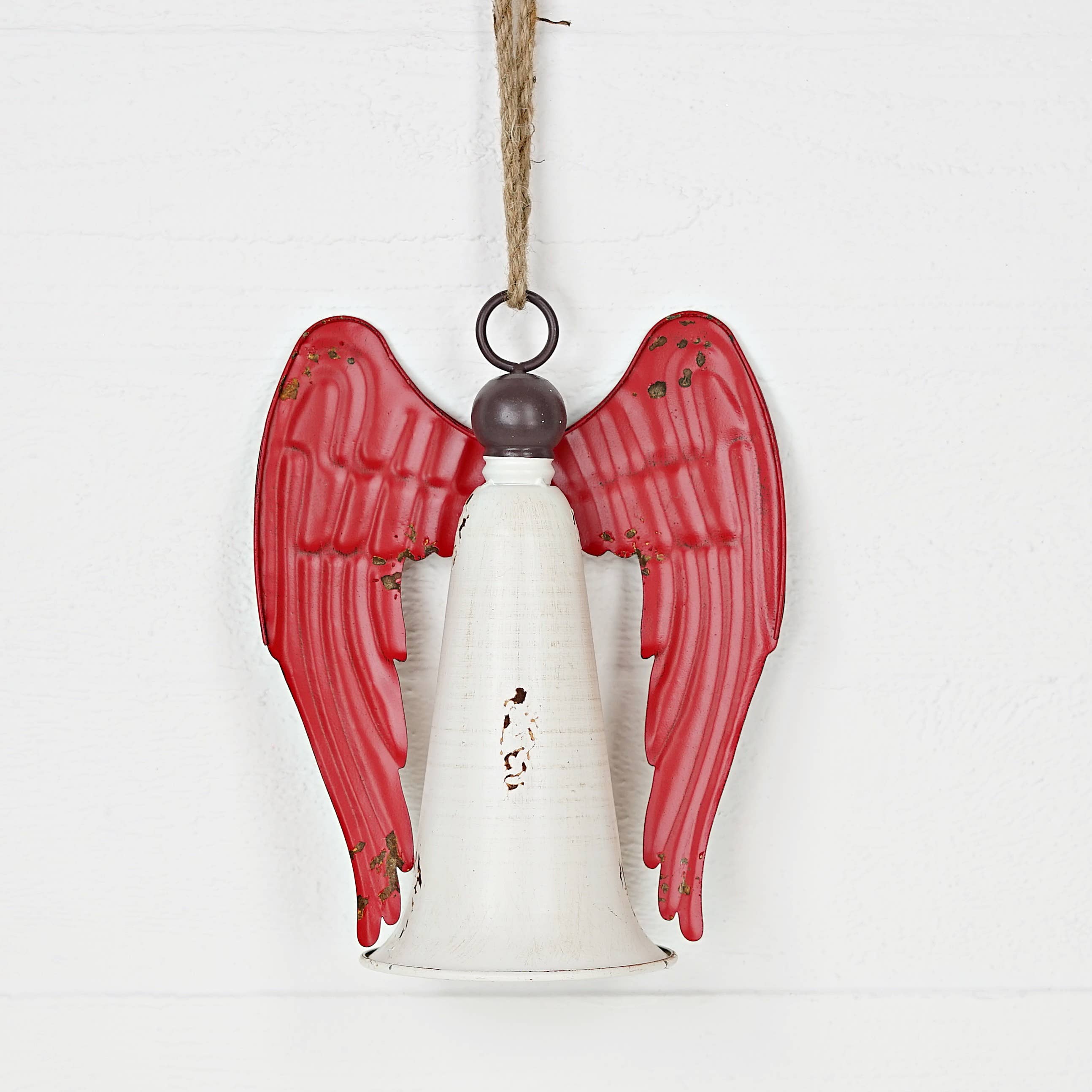Impressive Enterprises, Inc. - Wholesale Christmas Decoration - M10825-Distressed Metal Angel Bell-WhiteBellw/RedWing-11"x9"1