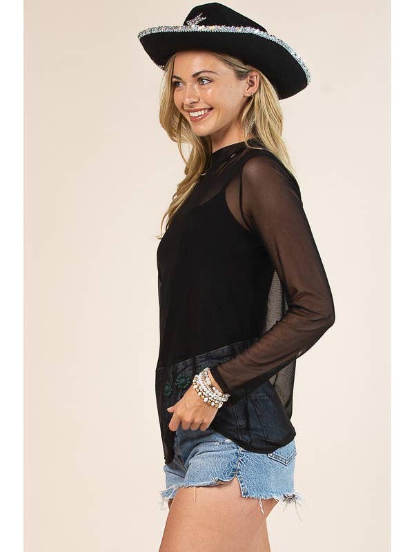 Black AV1230-GEMMA SOLID MOCK NECK MESH TOP for wholesale on Faire