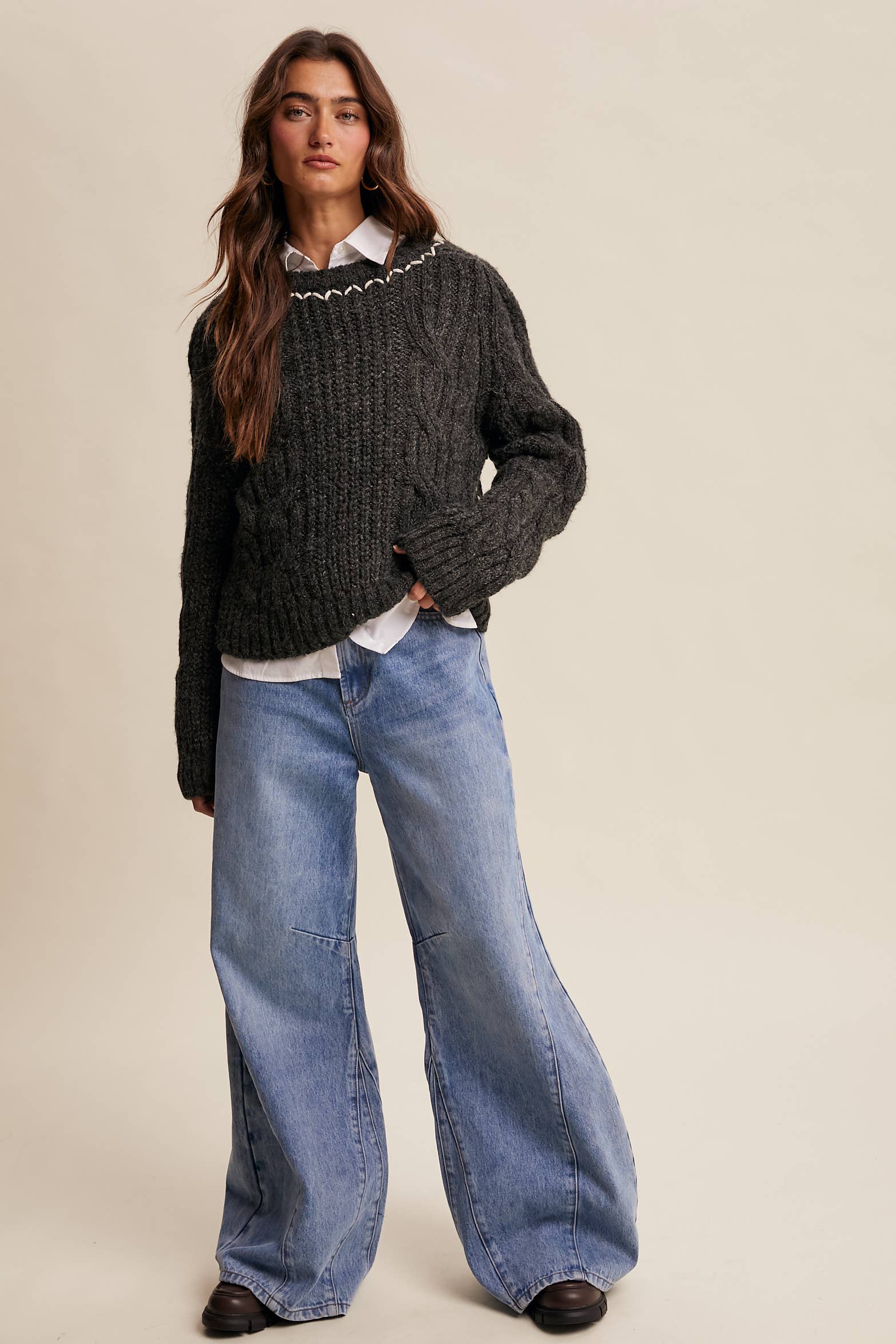 Listicle - Wholesale Knit Sweater - Women's - Contrast Stitch Cable Knit Sweater LSW1013 17