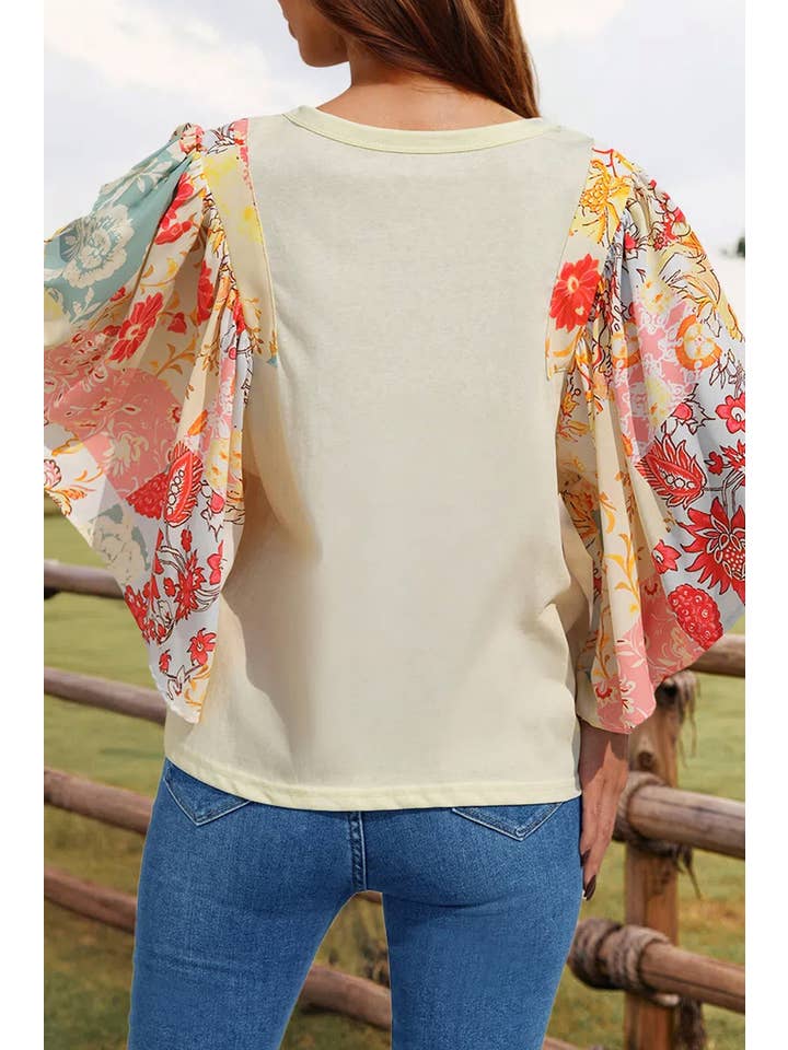 As shown Fashion-W Floral Patchwork Half Batwing Sleeve Blouse for wholesale on Faire