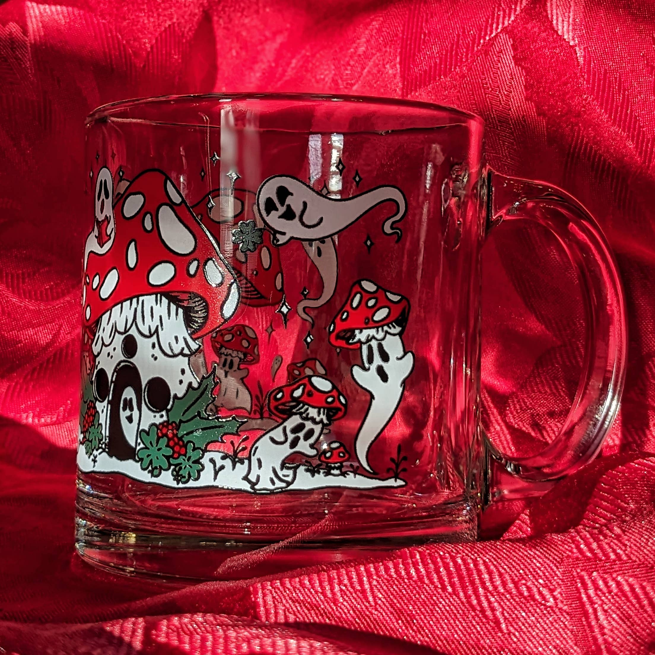 Meagan Meli Illustration - Wholesale Coffee Mug - Ghost Mushrooms in the Snow Glass Mug2