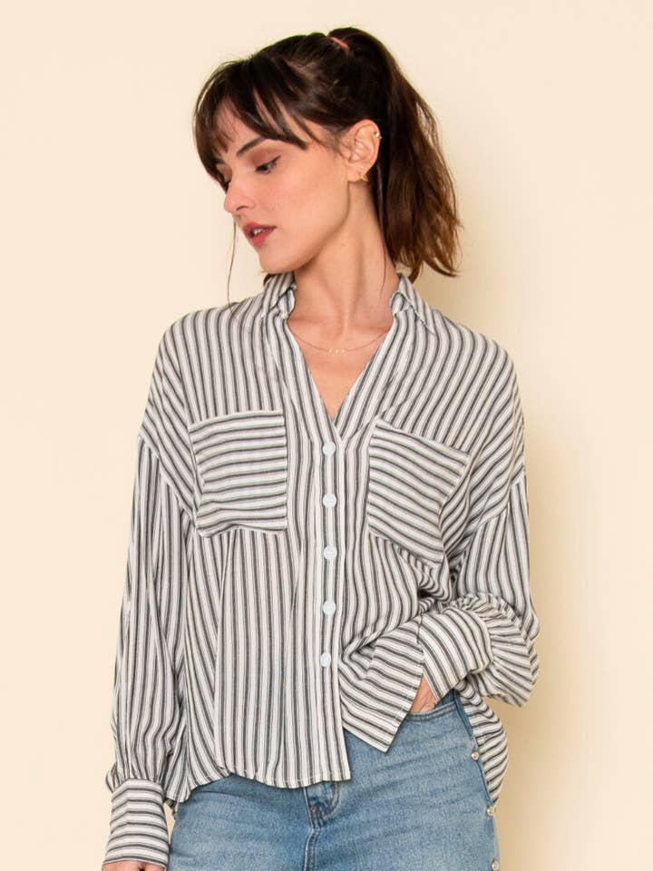 STRIPED BUTTON DOWN SHIRT WITH POCKETS -TI1916VC for wholesale by Fore Collection