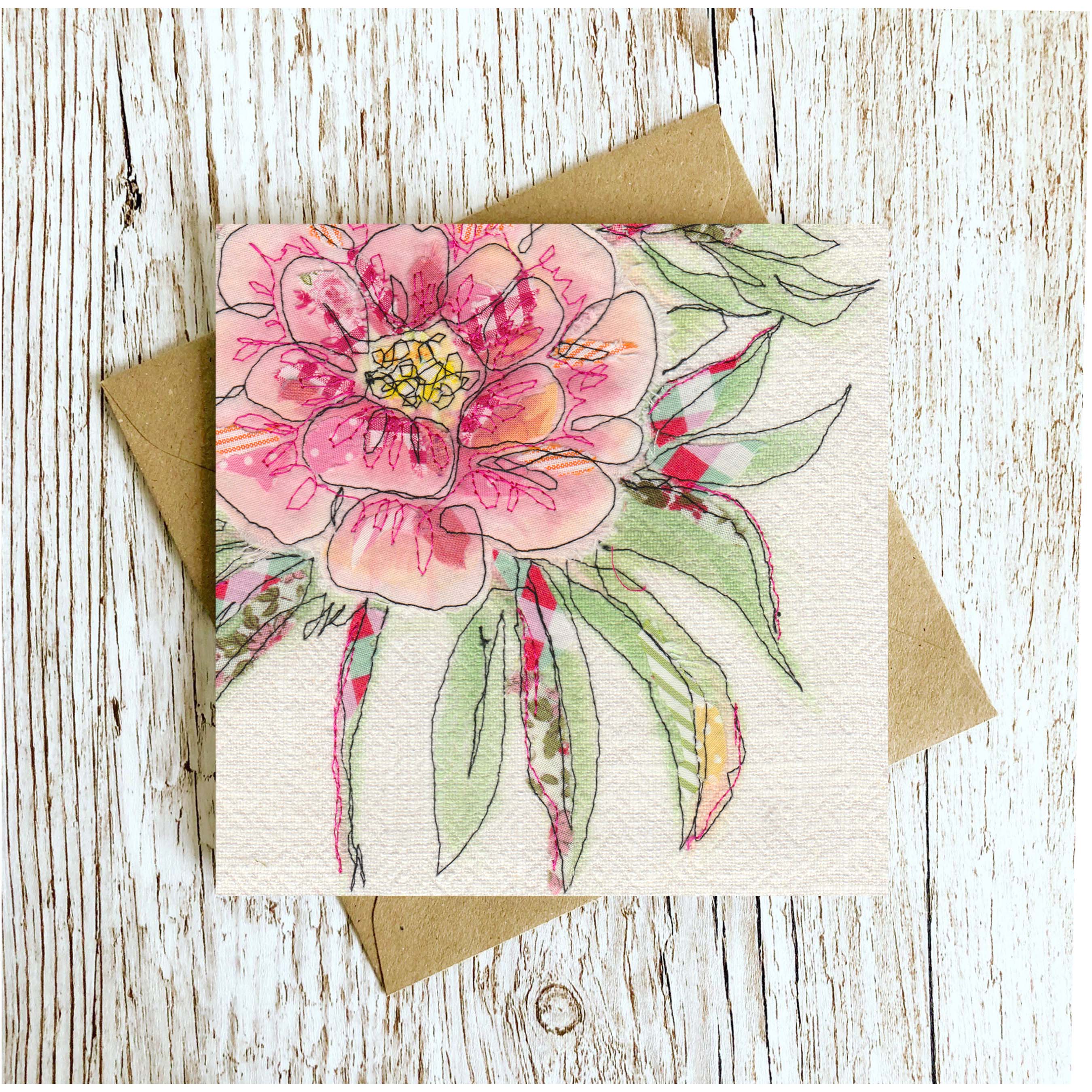 Francesca Kemp Textile Art - Wholesale Everyday Greeting Card - Patience Blooms Peony Embroidery Art Card0