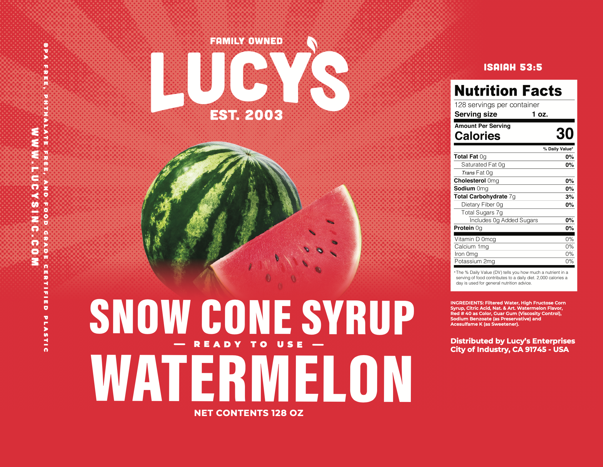 Lucy's - Wholesale Flavored Syrup - Watermelon Snow Cone Syrup - 128oz3