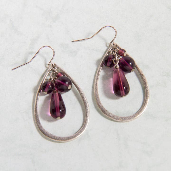 E2171-SL Open Teardrop Earrings with Purple Beads in Antiqued Silver for wholesale by CEmeraki