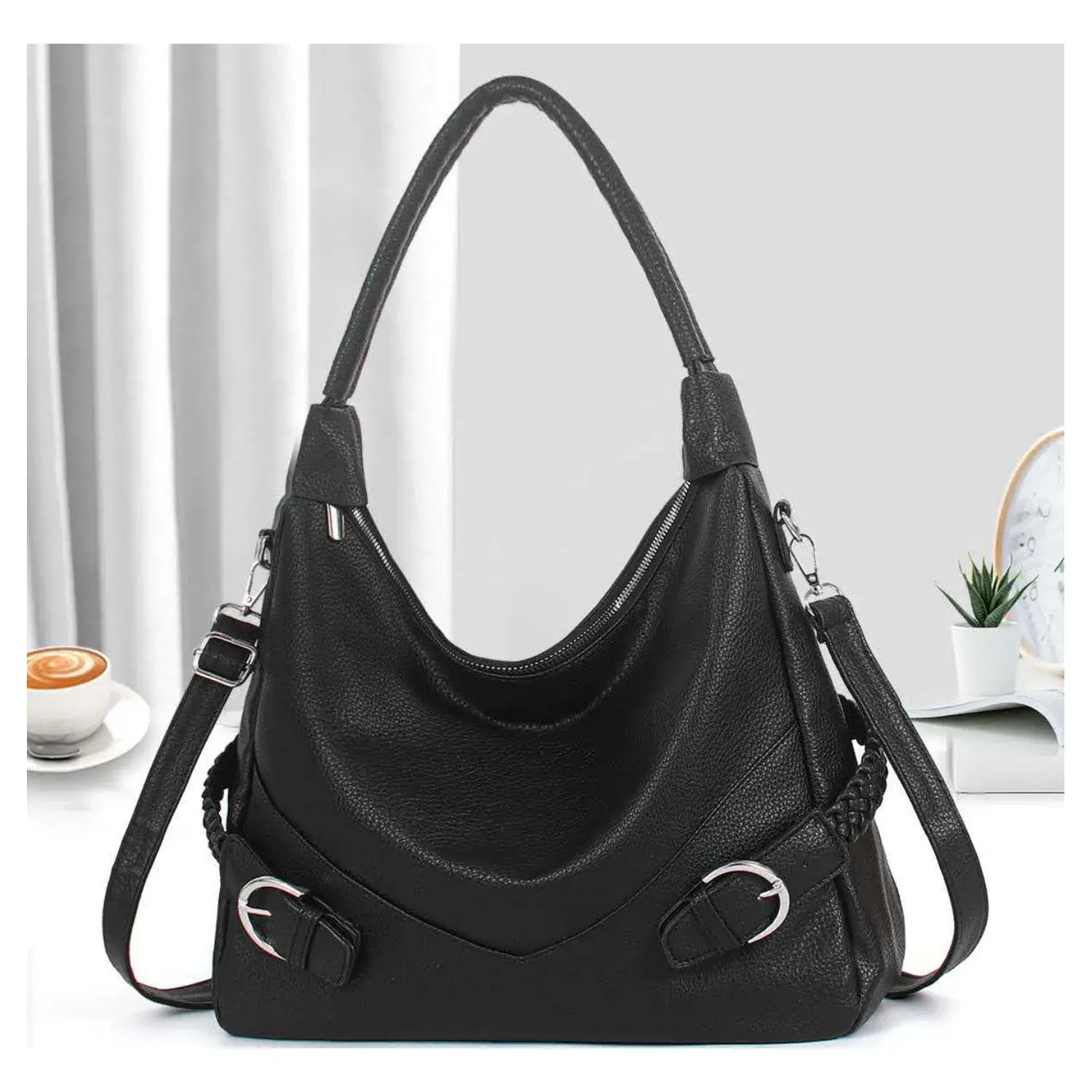 Superbia – Engroshandel Skuldertaske – til kvinder – Stor Slouch Taske med Flet- og Spændedetaljer-A911500