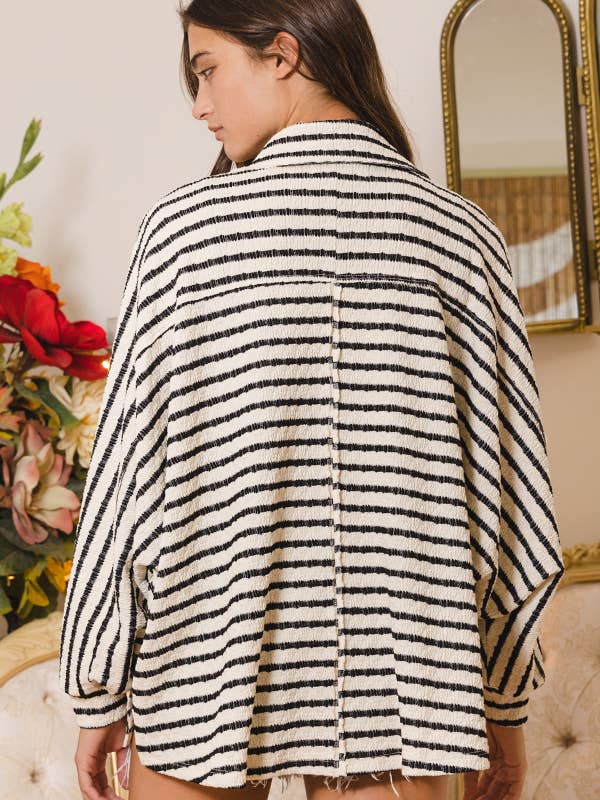 BUCKETLIST - Wholesale Sweatshirt - Women's - T1578-5  Collared Oversized Button Up Stripe Pullover Top11