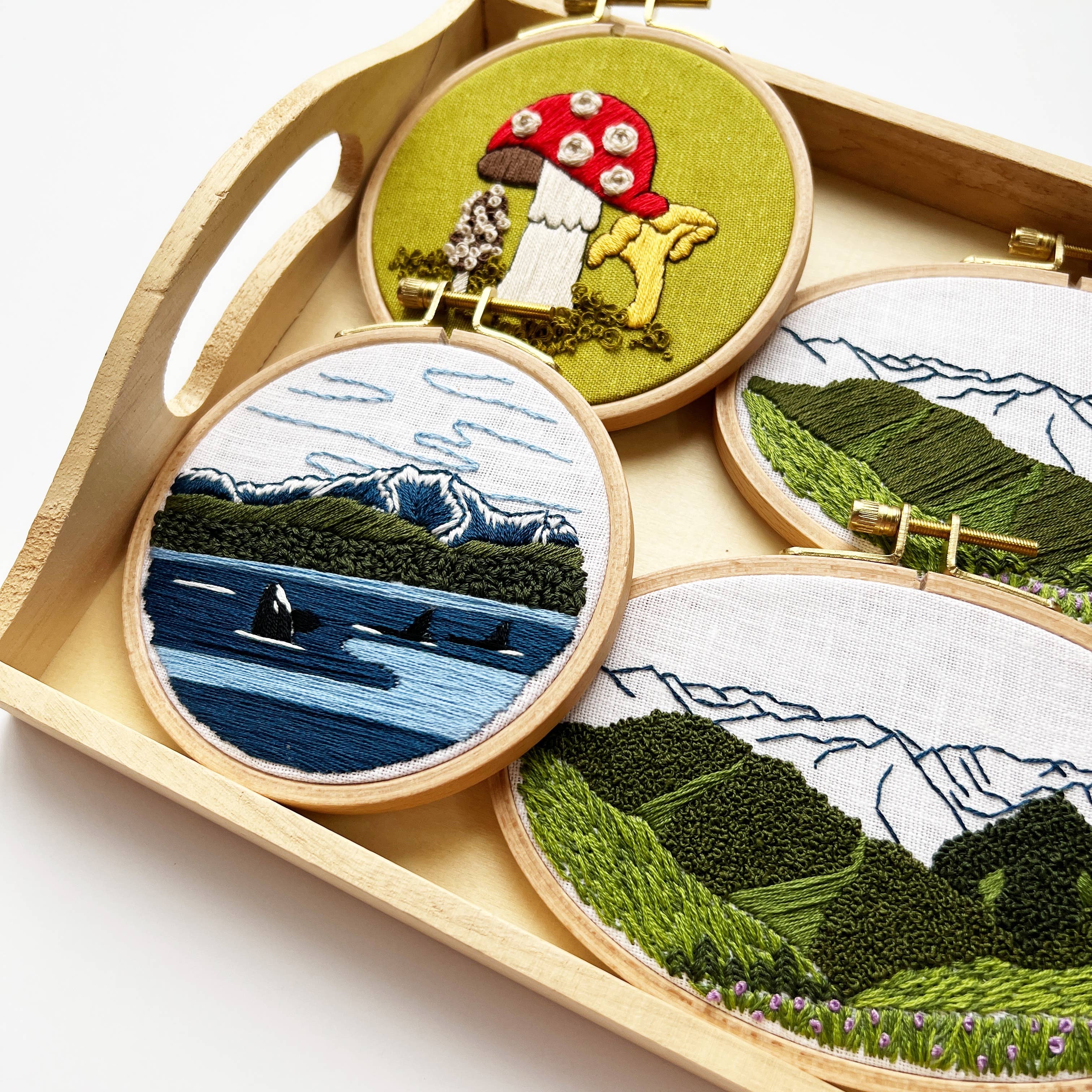 Rosanna Diggs Embroidery - Wholesale Embroidery/Cross Stitch Supplies - Orcas in the Sound Landscape Embroidery Kit for Beginners9