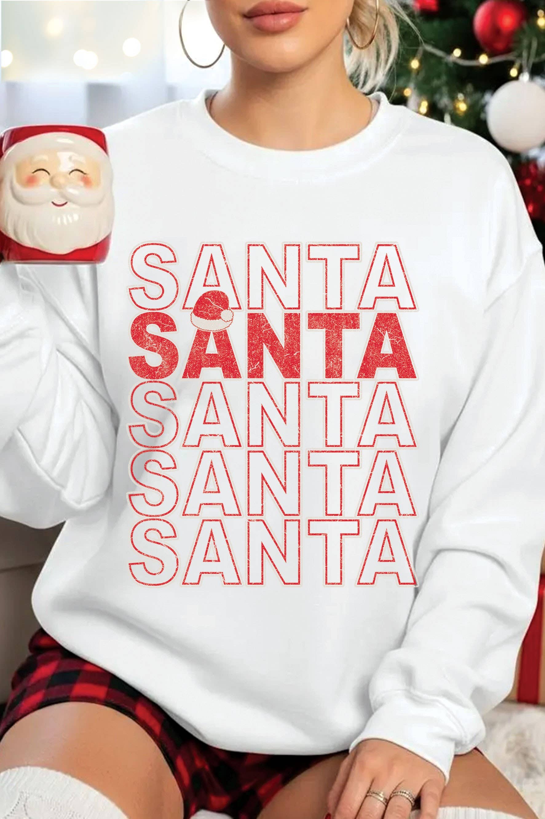 Rustee Clothing - Wholesale Graphic sweatshirt – Women’s - SANTA HAT PUFF GRAPHIC BRUSHED SWEATSHIRTS 1