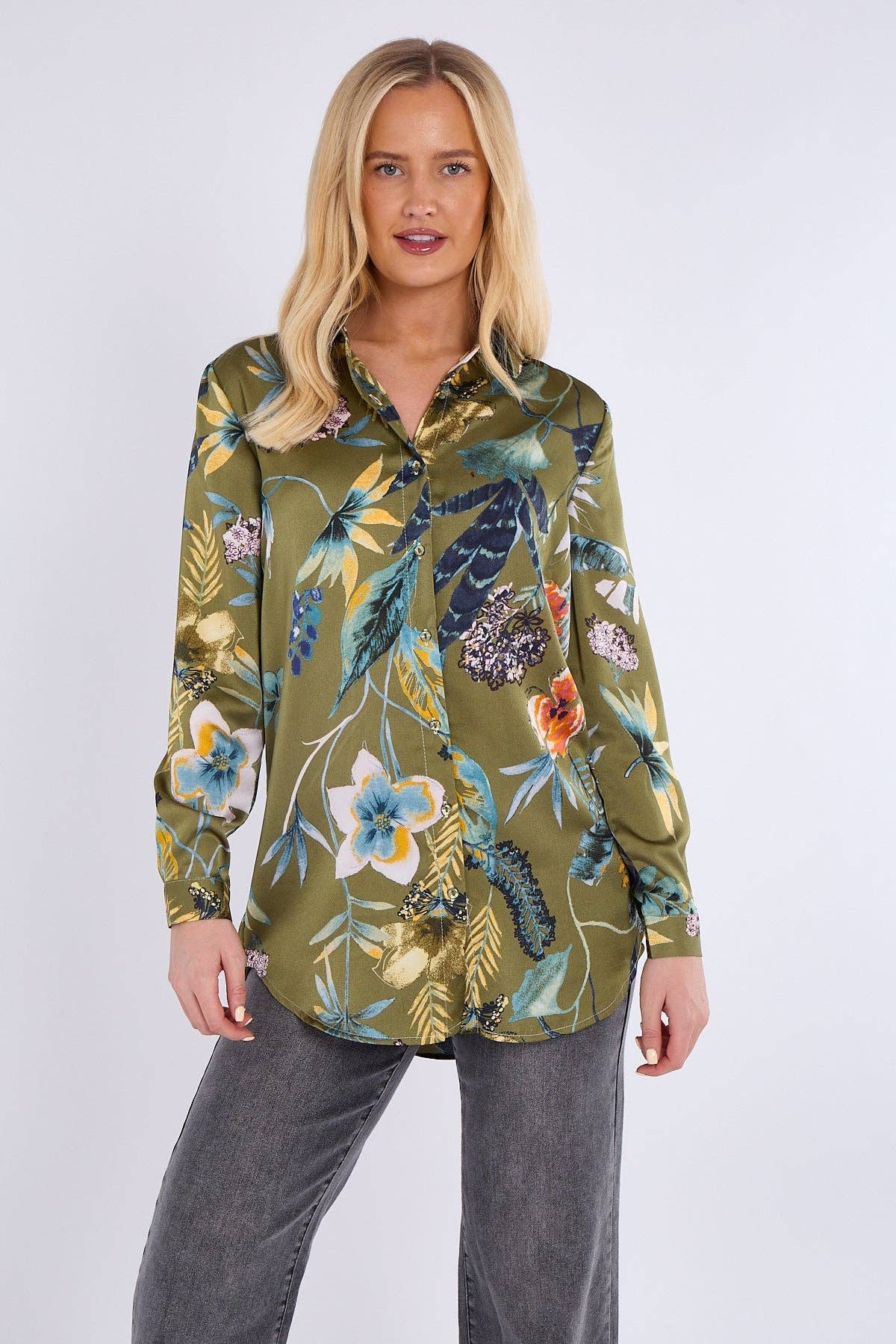 green Olive Floral Print Bubble Satin Shirt for wholesale on Faire1