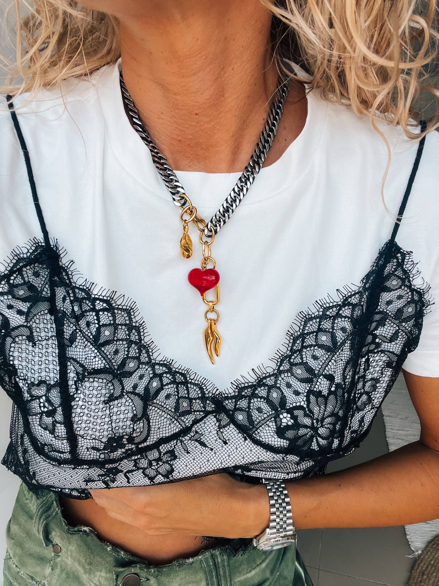 Goupi - Wholesale Link & Chain Necklace - Rock chain necklace with fishbone black chain and red heart4