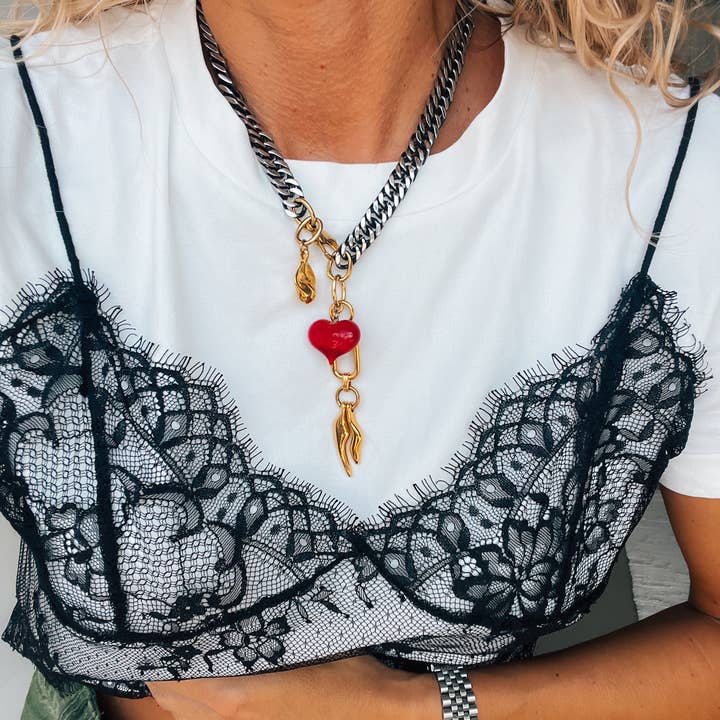 Goupi - Wholesale Link & chain necklace - Rock chain necklace with fishbone black chain and red heart4